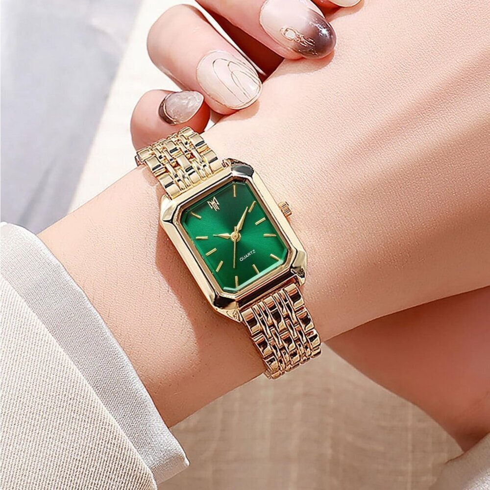 Women's Gold Green Square Quartz Wrist Watches Steel Strap Casual Fashion - Picture 2 of 6
